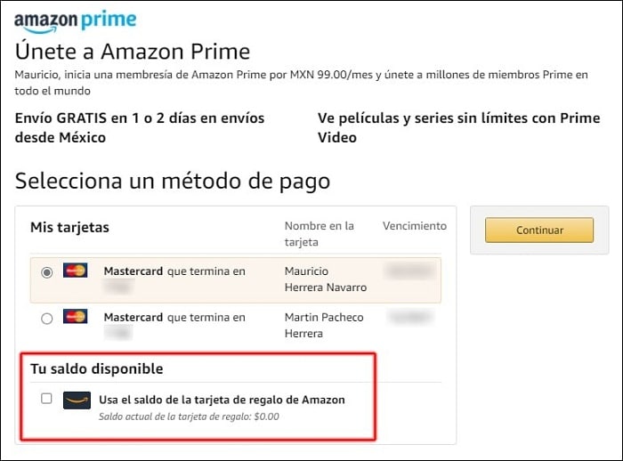 Pagar Amazon Prime Video En México con tarjeta de regalo